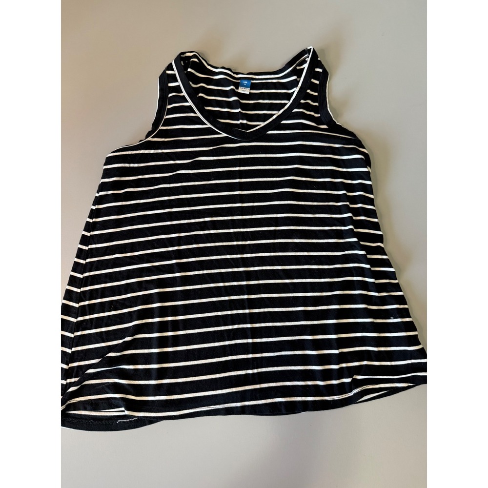 Old Navy Luxe Womens Tank Top Medium Black White Striped V-Neck Sleeveless Shirt